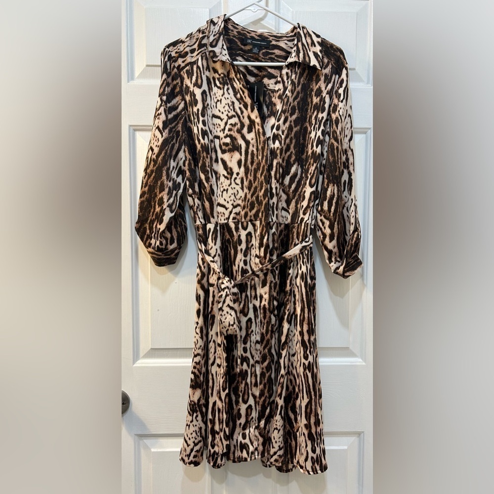 NWT I.N.C. Satin Animal Printβ Dress Button Front Belted With Pockets Size 16